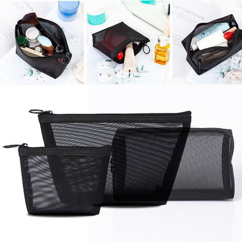 3 Pcs/set Mesh Storage Makeup Bags Black Package Organizer Travel Cosmetic Kit Pouch Zip Lock Women Necessaries Accessories Tool